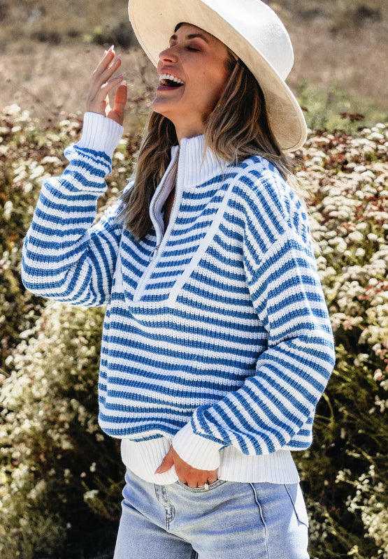 Striped Half Zip Mock Neck Long Sleeve Sweater