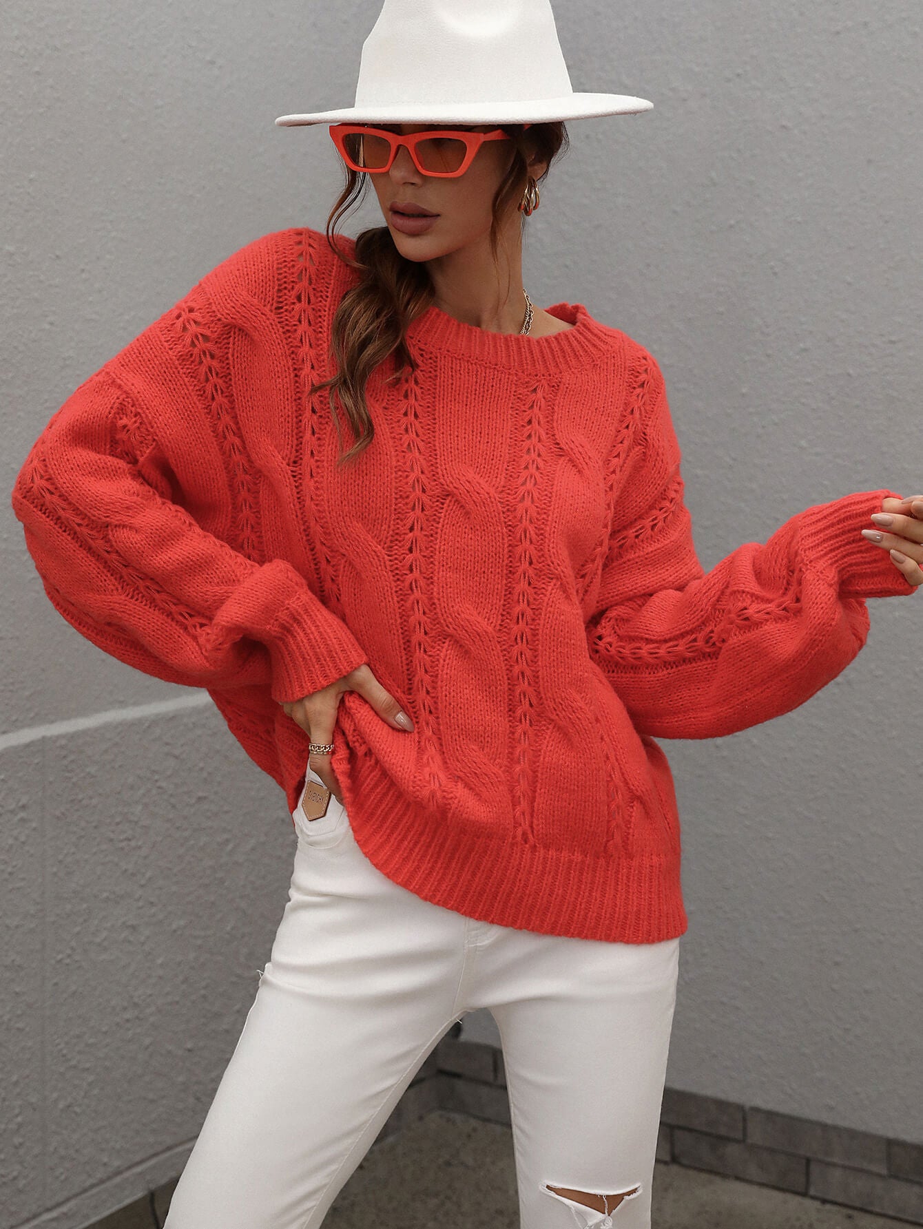 Cable-Knit Openwork Round Neck Sweater